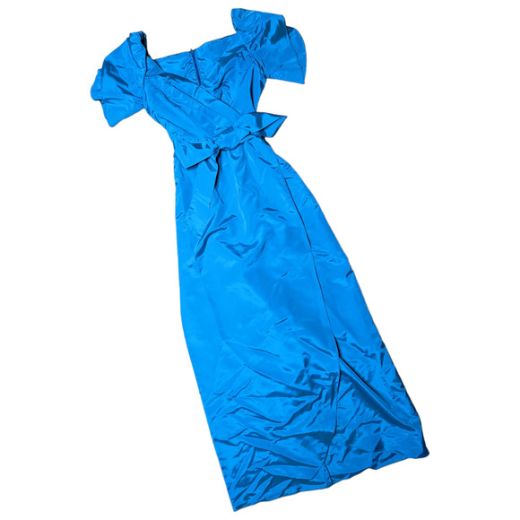 Vtg 1970s Blue Taffeta Puff Shoulder V-Neck Maxi Faux Wrap Tie Waist Dress 6 7 - Picture 1 of 5